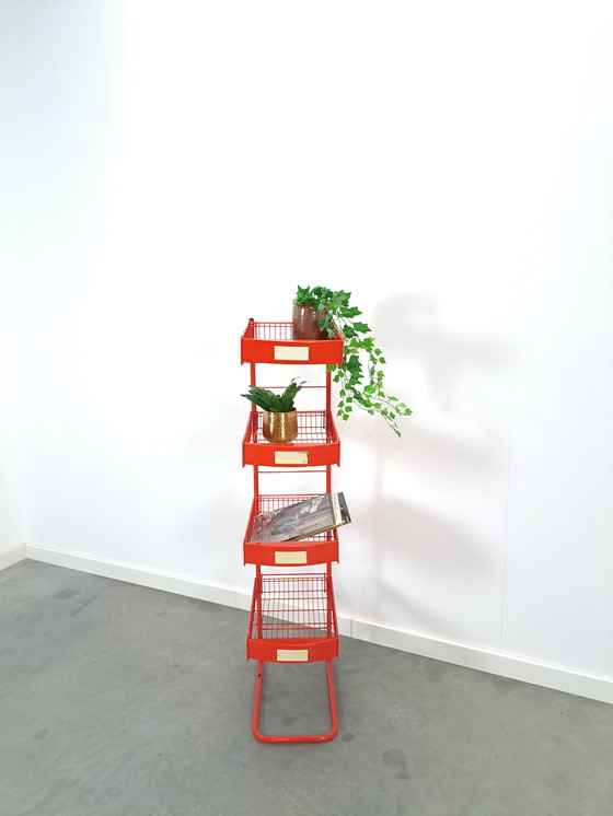 Image 1 of Red Metal Shop Display Case Shop Rack With Baskets Vintage