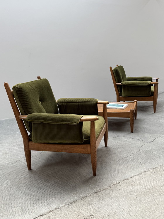 Image 1 of Lot de 2 fauteuils Wilhelm Knoll accoudoirs chêne bois massif velours vert, Allemagne années 1960