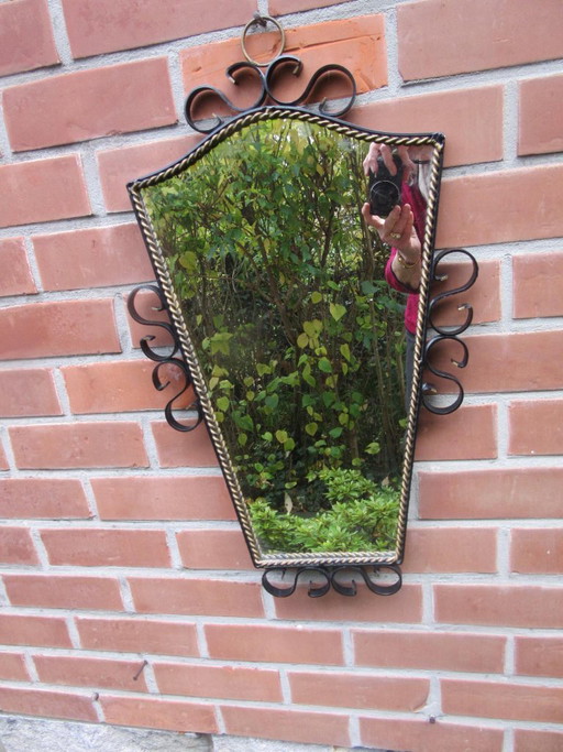 Specchio da parete in ferro battuto nero, stile retrò vintage MCM – spiegels, Glass, Iron