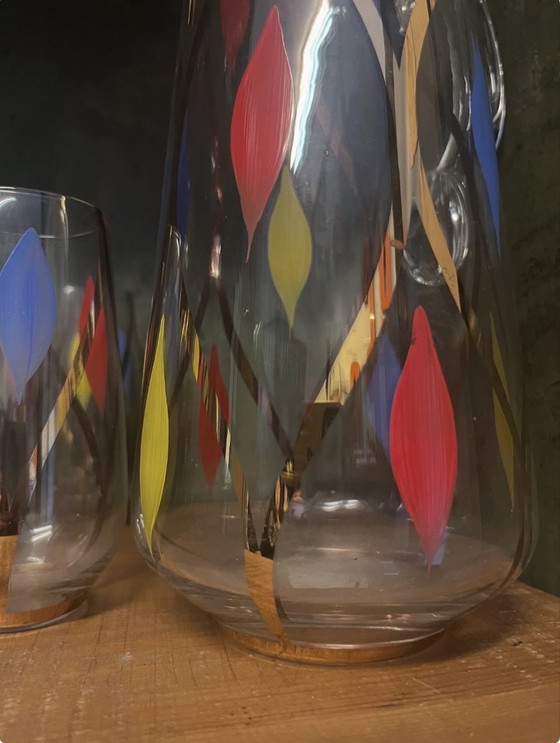 Image 1 of Hand-painted jug and 8 glasses from the 1950s