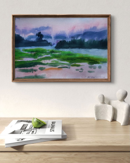 Original Watercolor Painting Nature Landscape Meadow Morning Fog – schilderijen tekeningen, Paper (photo 2 of 7)