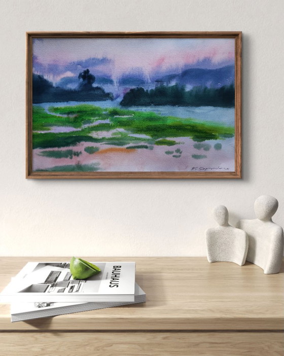Original Watercolor Painting Nature Landscape Meadow Morning Fog – Paintings & Drawings, Paper (photo 2 of 7)