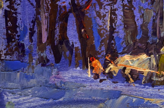 Image 1 of Original Oil Painting Winter Forest Landscape Home on a winter evening