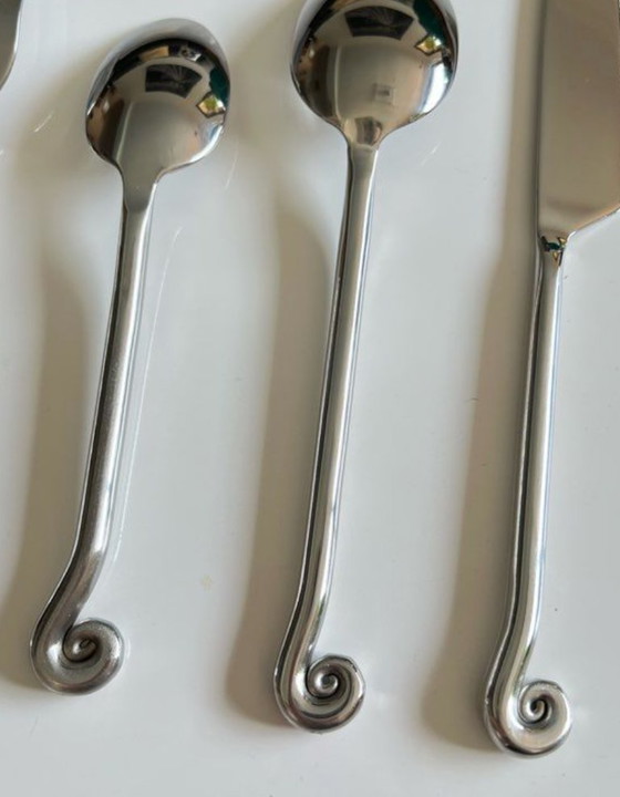 Image 1 of Set di 5 posate in acciaio inox – forma organica a spirale/vortice – stoviglie vintage originali