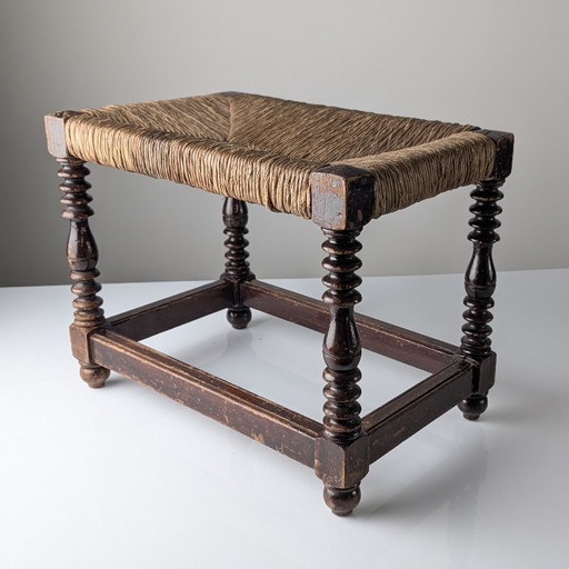 Spanish Provincial Bobbin-Turned Rush Bench, 1940s