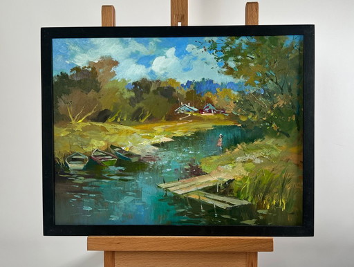 Original Oil Painting Summer River Landscape Summer day in the outback