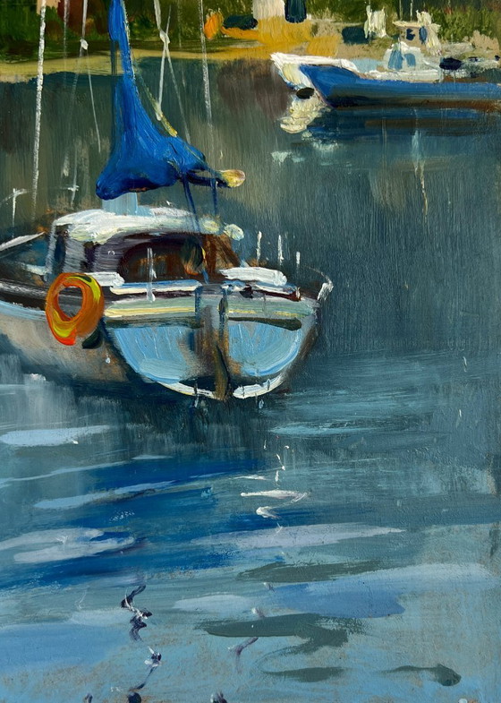 Image 1 of Origineel olieverfschilderij: Rivierboten, Landschap, Boten voor de kust van de stad
