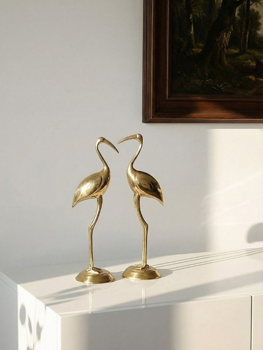 Paire de grands sujets Grues, Oiseaux en laiton décoratif Mid-Century vintages