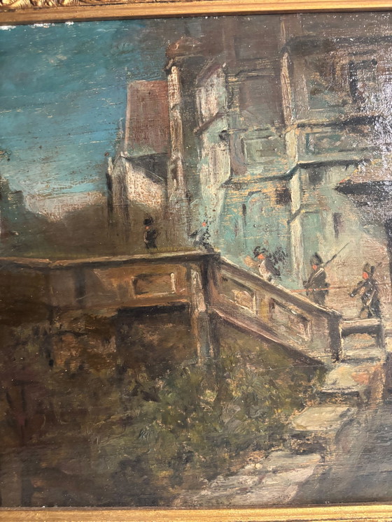 Oil Painting on Board of Soldiers in an Urban Landscape Late 1800s – Paintings & Drawings (photo 3 of 12)