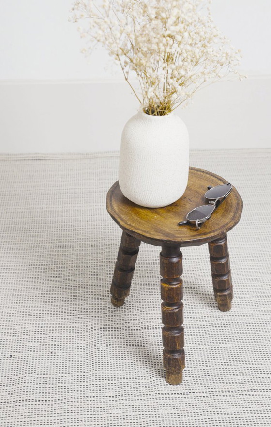 Image 1 of Vintage Bobbin Turned Wooden Stool Plant Stand Brutalist Rustic Tripod Stool Farmhouse Wabi Sabi Decor
