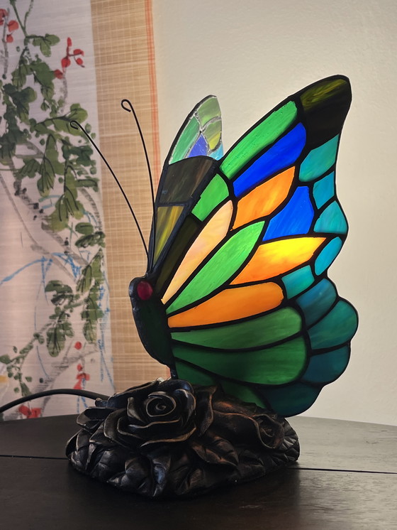 Image 1 of Set of 2 Stained Glass Table Lamps Butterfly Lamps