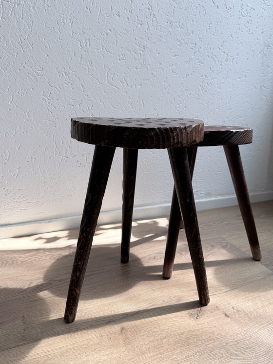 Image 1 of Set of 2 Vintage Brutalist Three-legged Stools / Tabourets – 1950s/1960s