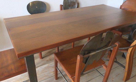 Image 1 of Brutalistische 6 Stühle und Esstisch aus Teakholz und patiniertem Stahl, 1960er Jahre