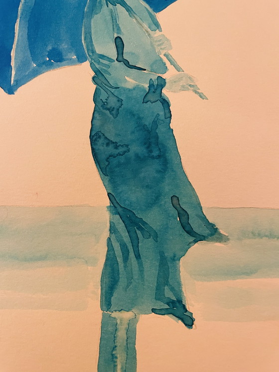 Image 1 of Gesigneerd schilderij blauw aquarel vrouwenportret "weekend in Honfleur".