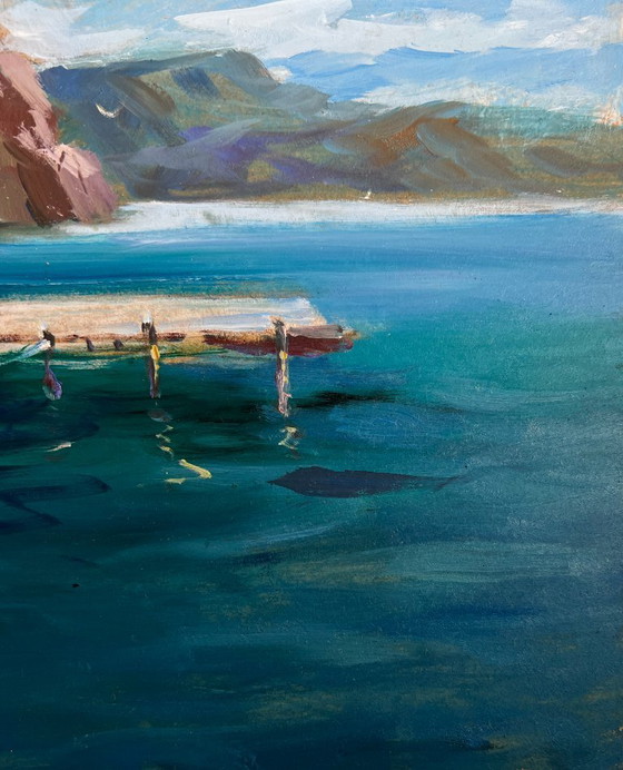 Image 1 of Pintura al óleo original: Paisaje marino y montañoso con barcos en el ferry.