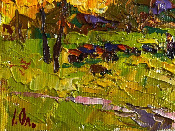 Image 1 of Original Oil Painting Evening Field Landscape The summer sky is burning