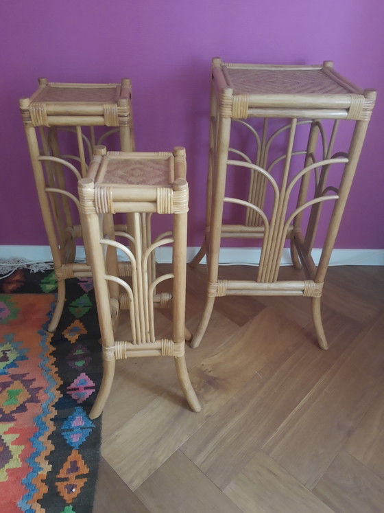 Splendido set vintage italiano anni '70 di 3 tavolini laterali in rattan e bambù, tavolini per piante e (photo 7 of 9)