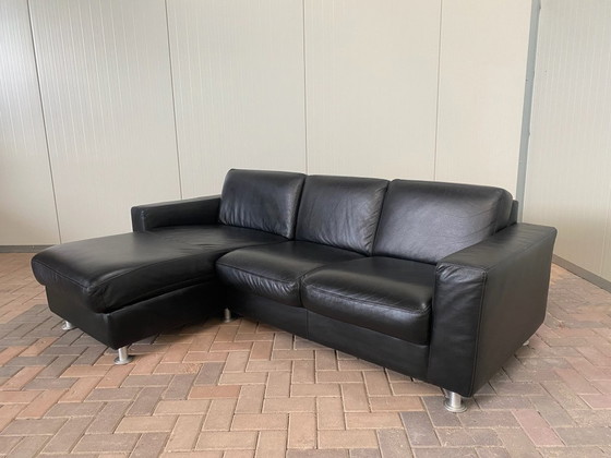 Image 1 of Magnifique canapé d'angle en cuir véritable noir