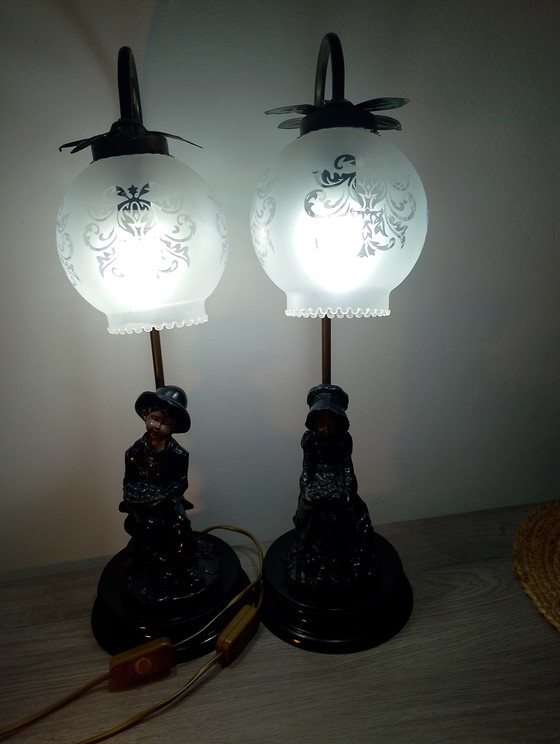 Image 1 of Pair of Pinto & Fils porcelain lamps, signed Portugal logo