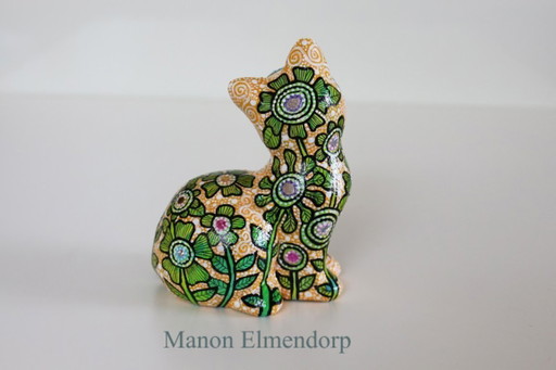 Original handgemaltes kleines Kätzchen mit Blumen – Neue Kunst