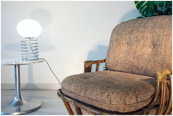 Image 1 of Chauffeuse Basse Année 80, Laine et Rotin, Pivotante