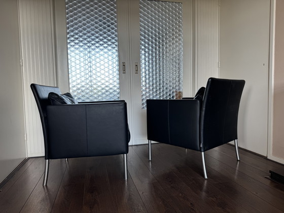 Image 1 of  Modernist German Black Leather and Steel Lounge Chairs from Walter Knoll / Wilhelm Knoll, 2000s, Set of 2
