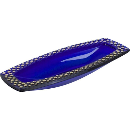 Bol vintage en verre bleu cobalt avec décoration en relief en or, 1960