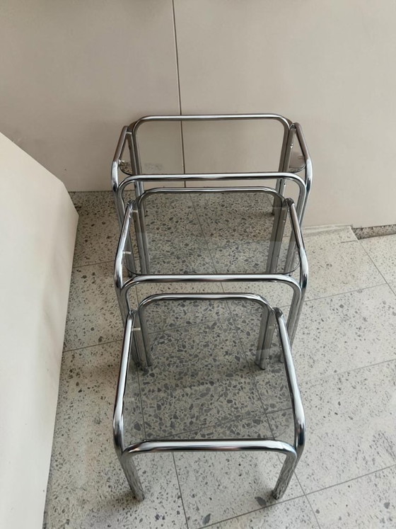 Image 1 of Vintage Chrome Nesting Tables with Smoked Glass | Set of 3 | Space Age Side Tables | 1970s Modernist Design