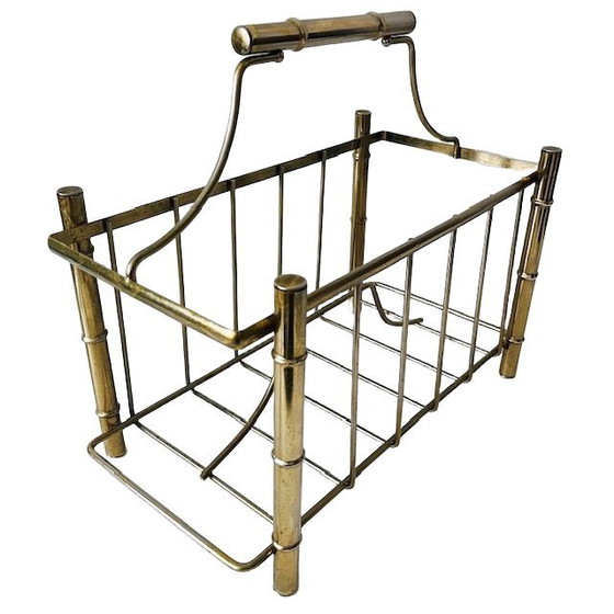 Image 1 of Vintage Hollywood Regency Faux Bamboo Newspaper Rack Magazine Basket Gold Metal Magazine Rack 1960s