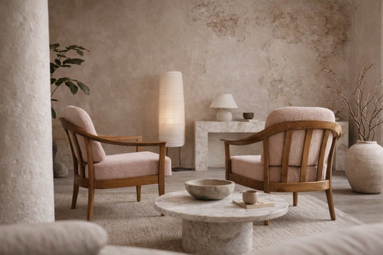 Image 1 of Vintage Mid-Century German Modern Cherry Wood & Dirty Pink Fabric Armchairs from Wilhelm Knoll, 1970s, Set of 2