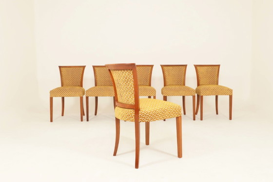 Image 1 of Eetkamerstoelen set van 6 art deco geometrische jacquard gouden honingraat