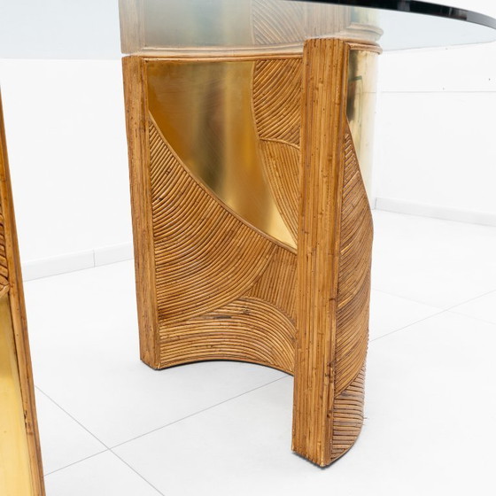 Image 1 of Mid-Century Modern Italian Rattan and Brass Dining Table by Vivai del Sud, 70s