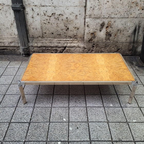 Image 1 of Table basse en bois de ronce et acier, style Guy Lefèvre, années 70 – France