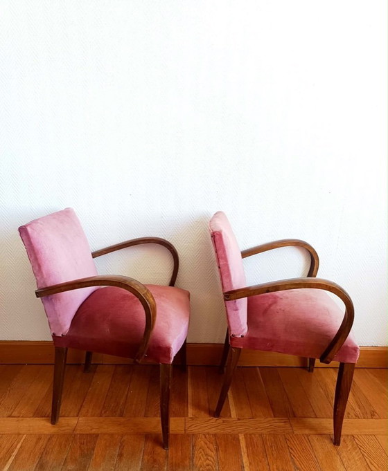 Image 1 of 2x Art Deco roze fluwelen fauteuils met snormotief