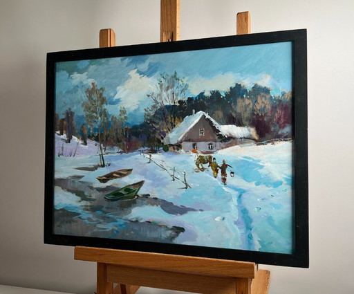 Original Oil Painting Winter House Landscape Path through snowdrifts