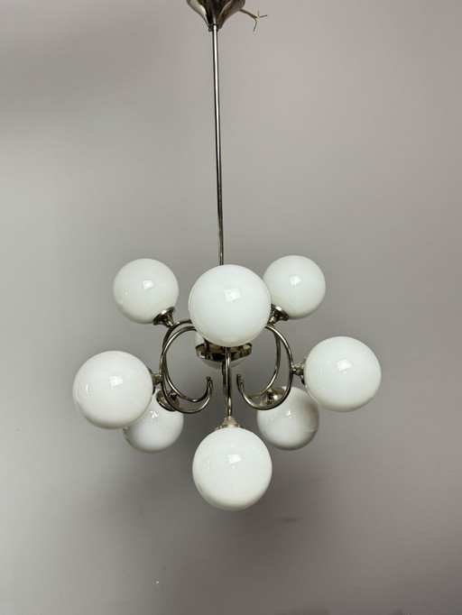 Mid-Century Italian Design  Atomic Sputnik Chandelier with Opaline Globes, Italy, 1960s