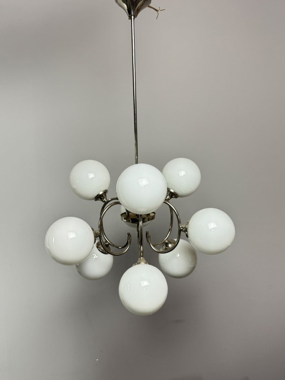 Image 1 of Mid-Century Italian Design  Atomic Sputnik Chandelier with Opaline Globes, Italy, 1960s
