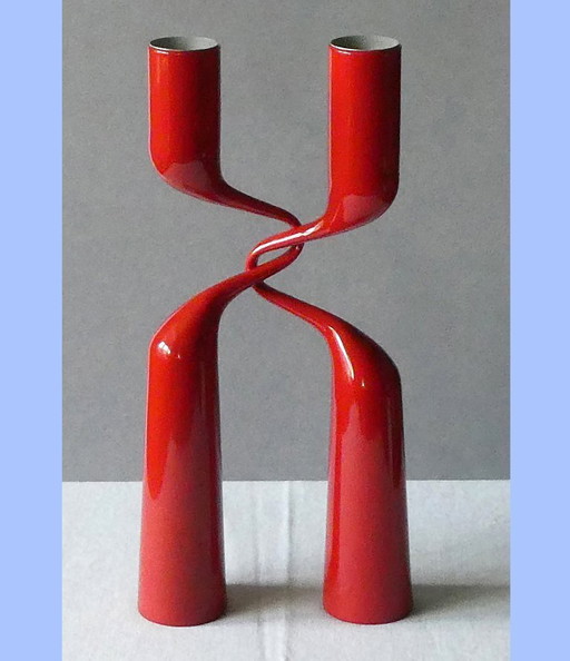 double candle holder, stainless steel, red lacquered, menu, denmark, design mikaela dörfel