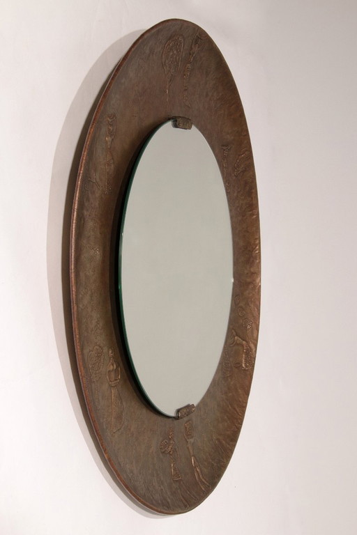 Sculptural Hammered Copper Mirror Attributed to Angelo Bragalini"