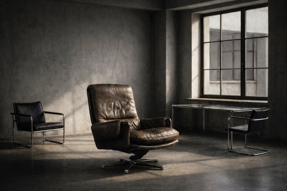 Image 1 of Vintage Mid-Century German Modern Brown Leather Lounge Swivel Chair from Musterring, 1960s