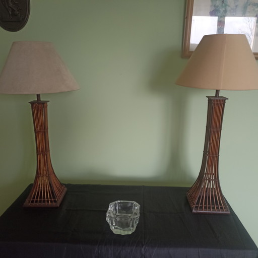 Duo de lampes de table vintage de caractère – Métal et rotin – Style brutaliste