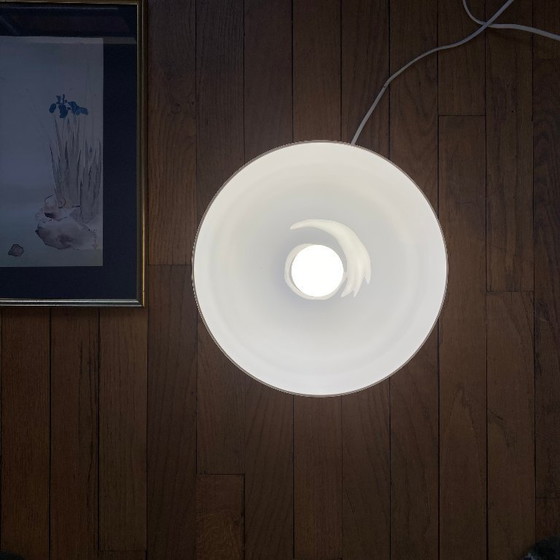 Image 1 of Wand- of plafondlamp, halfrond, van wit opaalglas met een rozet van roestvrij staal.