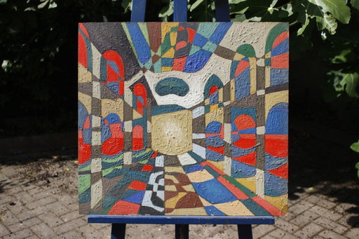 Jean Besnard (1922-2007) Oil on cardboard Geometric abstraction Op Art 1983