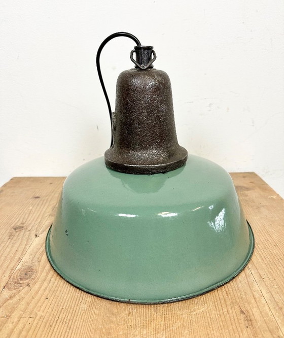 Image 1 of Industrial Green Enamel Factory Lamp with Cast Iron Top, 1960s