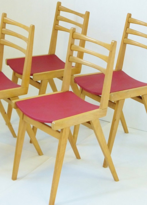 SET OF 4 CHAIRS 1950s OAK ZAZOU RED VINTAGE FRENCH MIDCENTURY 50's CHAIRS