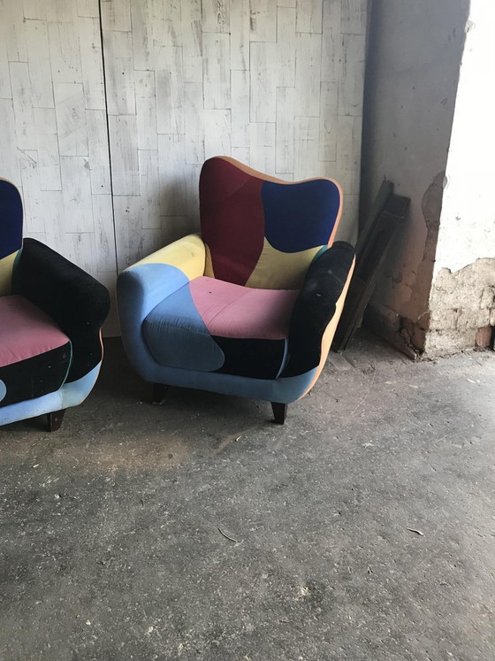 Set of Mid-Century Armchairs in Multicoloured Fabric with Black Painted Legs – Mid Century Modern (photo 3 of 7)