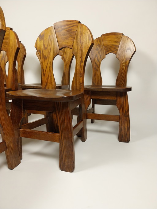 6 X Vintage Brutalist Dining Chairs In Oak, 1970s