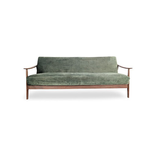 Driezitsbank uit het midden van de vorige eeuw, vintage bank, retro teakhouten bank, opklapbaar bed