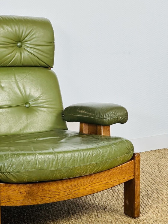Image 1 of Scandinavian sofa in green leather and oak, 1960, Set of 3