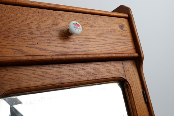 Image 1 of Art Deco houten wandkast met spiegeldeur en 2 laden, Frankrijk ca. 1900